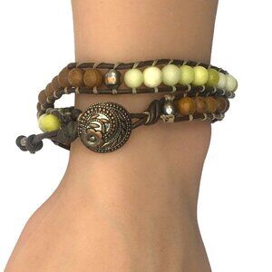 Boho Beaded Wrap Bracelet Wood Natural Stone Beads Button Closure